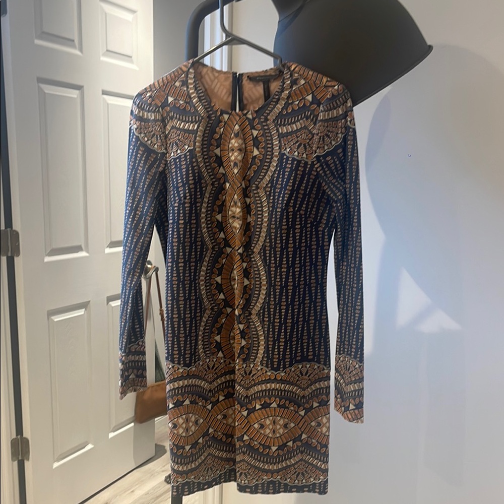 Elegant Blue and Tan Patterned Dress